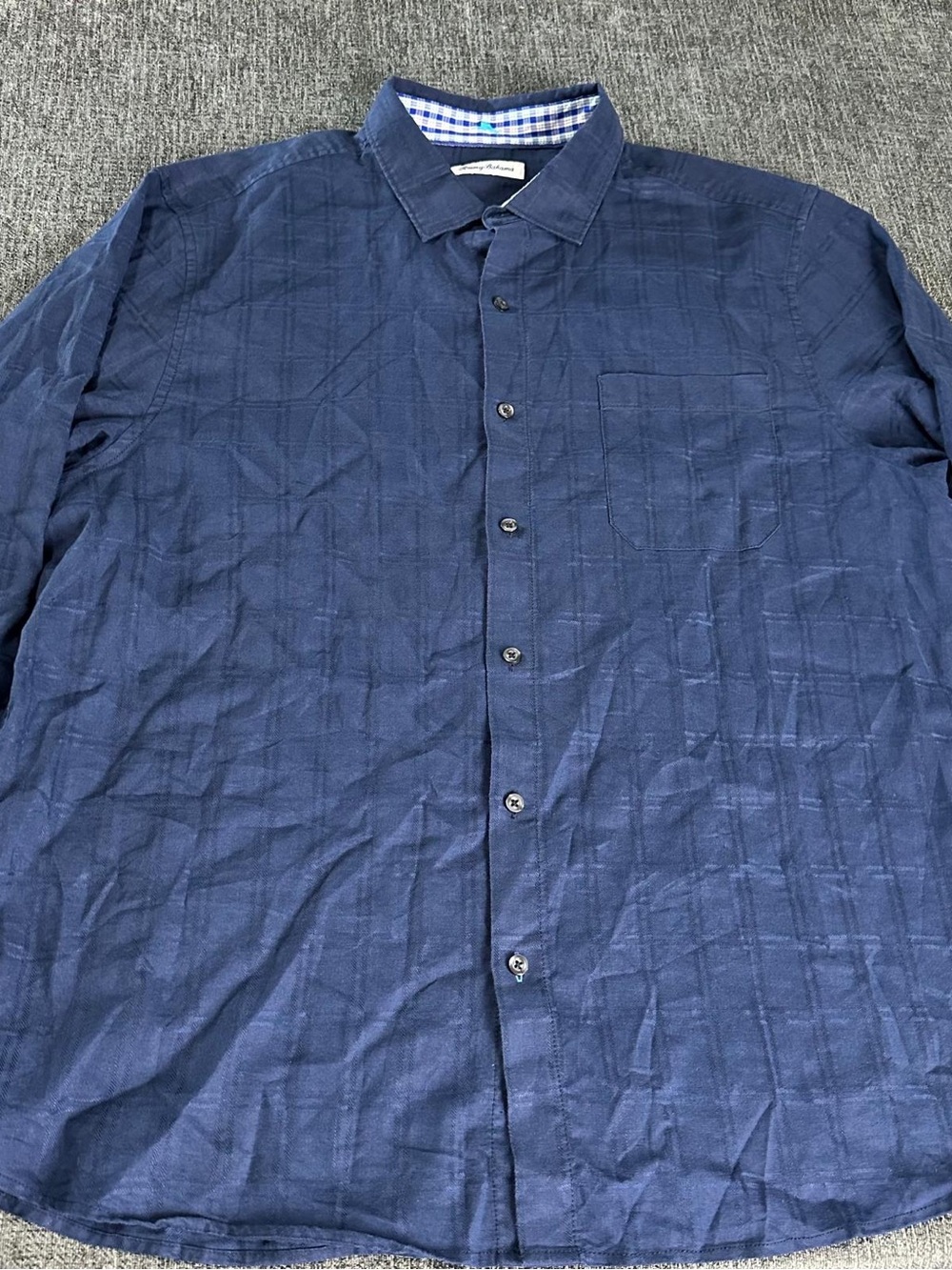 Tommy Bahama Linen Blend Shirt Men’s XLarge Blue Hidden Button Collar Plaid